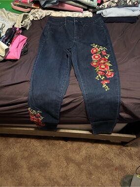 Martha Stewart Dark Blue Skinny Jeans with Red Floral Embroidery